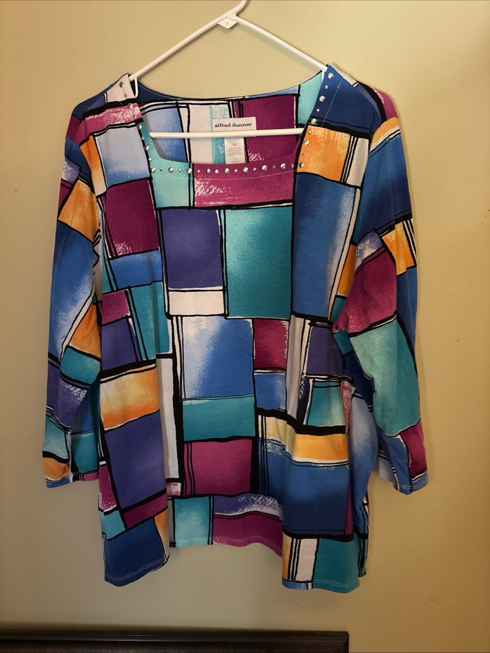Alfred Dunner Bold Multi-Color Geometric Print Cardigan with Stud Detail